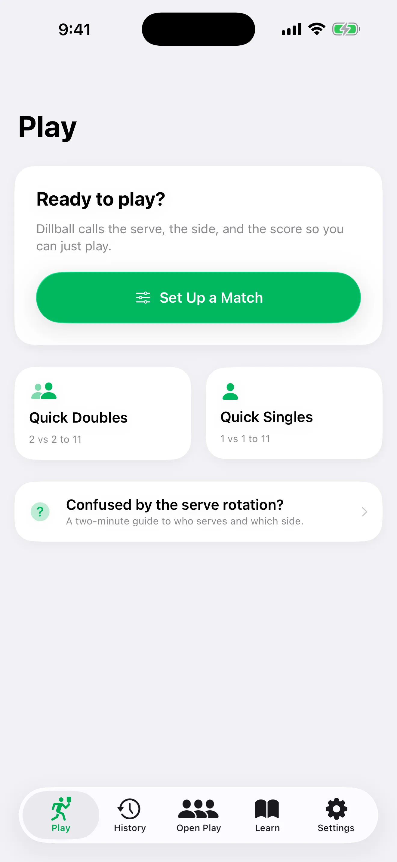 The Dillball Play tab with quick doubles, quick singles, and a serve rotation guide
